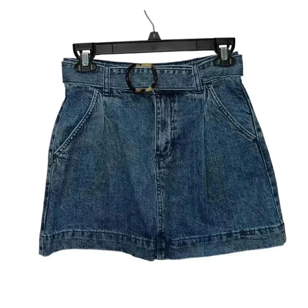 We The Free People Jade Belted Denim Jean Skirt Size 25 Blue Cotton A Line